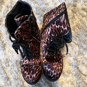 Leopard Velvet Zip-Up Combat Boots